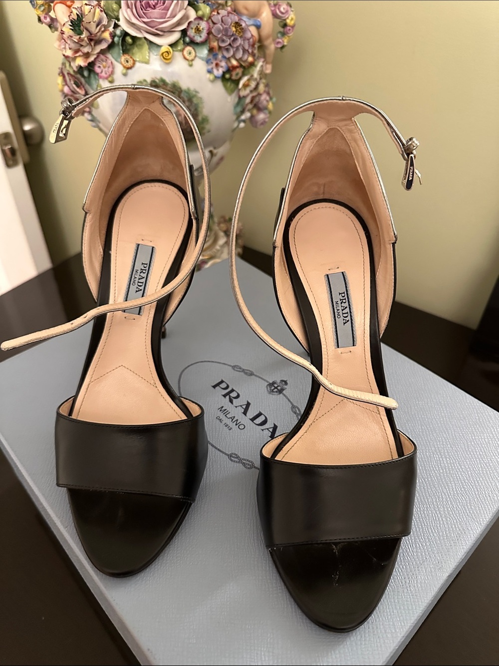 Prada Black and Nude Leather Ankle-Strap Heels